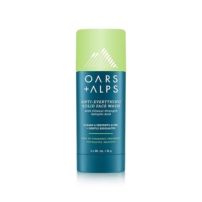 Oars + Alps Anti-Everything Solid Face Wash for Men with Clinical-Strength Salicylic Acid, Ceramides, Shea Butter, Travel-Friendly TSA Compliant, Deep Sea Glacier Scent, 1.1 Fl Oz