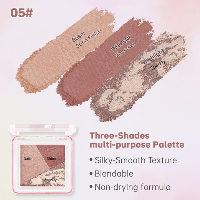 Mini Brown Red Baked Eyeshadow Palette, 3 Shade Shimmer Eye Shadow, Warm Retro Glam Makeup, Smooth Blendable & Buildable, No Fallout, Long-Lasting Daily & Evening Look, Paleta de Sombras de Ojos 05