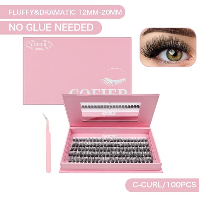 Glue-Free Wispy Lash Clusters Kit, 100 Pcs Individual Eyelash Clusters (12-20mm D Curl)- DIY Lash Extension Kit with Eyelashes Tweezers, Natural Fluffy Fake Lashes for Home Use, Beginners Friendly
