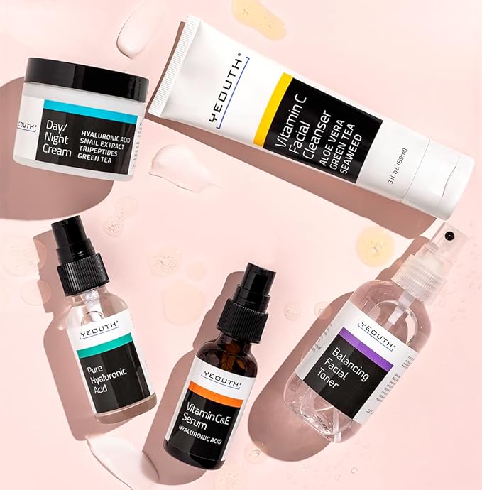 YEOUTH Skin Care Set: Hyaluronic Acid Serum for Face | Vitamin C Facial Serum | Face Cleanser | Skincare Toner & Cream | Hydrating Skin Care Gift Set 5-Piece