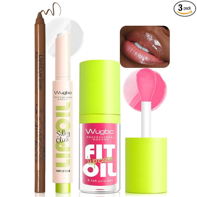 Brown Lip Liner Pink Lip Oil Gloss Click Lip Balm Clear Shimmer, Hydrating Lipstick Tinted Lip Oil for Women Makeup, Lightweight Non Sticky Liquid Lipstick Lip Liner Pencil Combo Set