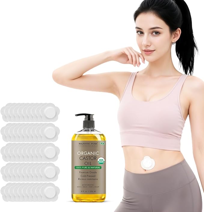 Majestic Pure Oil - 100% Pure and Natural- Cold Pressed & Hexane Free Natural Hair Growth Oil for Eyelashes, Eyebrows, Skin, Body, Face, Nails & Scalp - Organic Castor Oil with Patches 8 Fl Oz