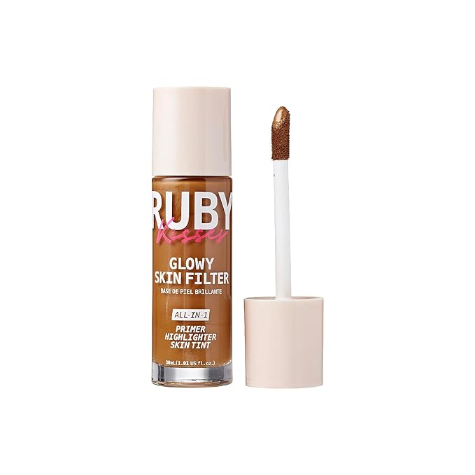 Ruby Kisses Glowy Skin Filter Foundation - All-in-1 Primer, Skin Tint & Highlighter, Hydrating Light Coverage with Squalane, Natural Dewy Finish, Luminous & Radiant Glow (Golden Rich)