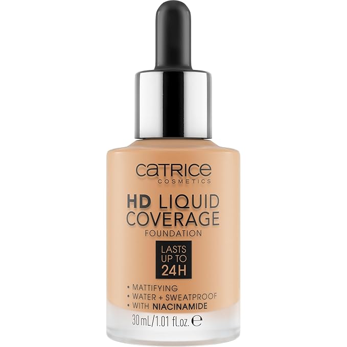 Catrice | HD Liquid Coverage Foundation | 24H Wear, Matte Finish, High Coverage, Waterproof Formula with Niacinamide | Vegan & Cruelty Free (034 | Medium Beige)