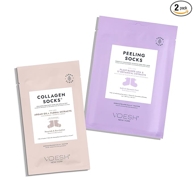 VOESH Collagen & Peeling Socks Duo, Peeling Socks, Collagen Socks, Foot Peel, Moisturizing Spa Socks, Foot Mask, Foot Exfoliator, Foot Care, Vegan