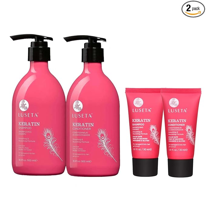Luseta Keratin Shampoo Full + Travel Size Shampoo + Conditioner Set for Color Treated Damaged & Dry Hair, Keratin Hair Treatment for Smoothing& Nourishing (2x16.9 FL Oz + 2x1.01 FL Oz)