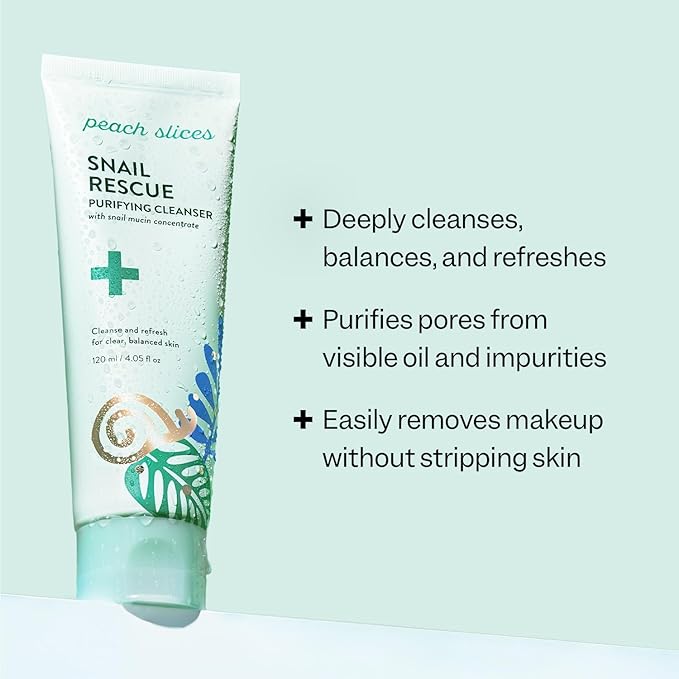 Peach Slices - Snail Rescue Purifying Cleanser (4.05 oz) - Snail Mucin Concentrate - Cleanse & Refresh Skin - Pine Bark, Hyaluronic Acid & Cica - Clean & Cruelty Free - Korean Skin Care & Beauty