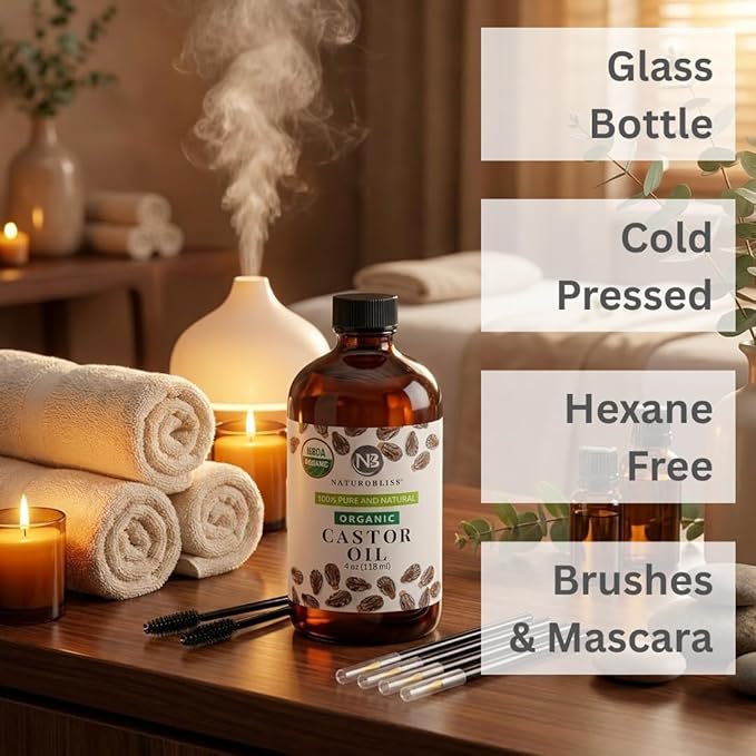 NaturoBliss Organic Castor Oil 4 Fl Oz | Glass Bottle | 100% Pure and Natural | Premium Grade Carrier Oil | Hair, Eyelashes and Eyebrows | Hair and Body | Cold-Pressed | Hexane-Free