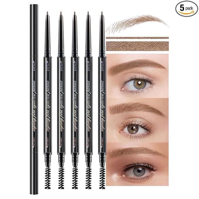 5 Pcs Waterproof Dual-Sided Fine Tip Eye Brow Precise Pencils Pack,Ultra-Fine Mechanical Sticks,Draws Tiny Brow Hairs, Defines, Fills, Shapes,Contours,Combs,1mm Pen Point(Pack of 5)-Light Brown