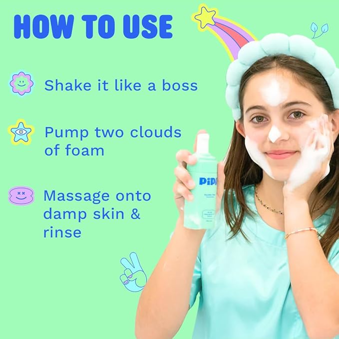 Pipa Skincare Squeaky Clean Foaming Cleanser 3.4 fl oz | Gentle Face Wash for Kids & Teens Ages 8 to 13 | Fragrance-Free, Dermatologist & Pediatrician Approved | Daily Hydrating Facial Cleanser