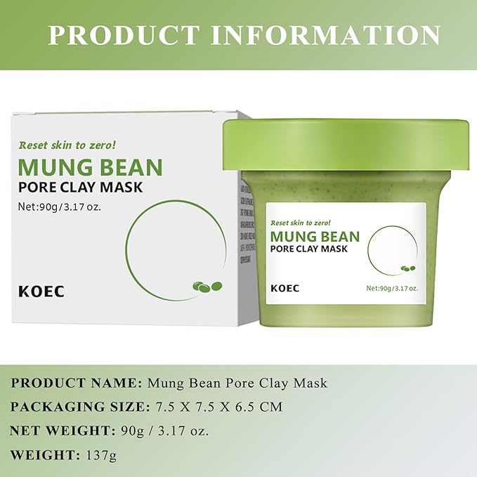 TEEROVA Mung Bean Pore Clay Mask, Fragrance Free Wash Off Mask for Blackhead & Whitehead, Gently Exfoliate Cleanse and Tighten Pores, 3.17 oz.