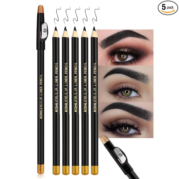 FeiCuiYun 5Pcs Wooden Hard-Core Eyebrow Pencils for Women, Black Eyebrow and Eyeliner Pencil, Long Lasting Waterproof and Sweat-Proof, Beginner Makeup Brow Pencil, Create a Natural Eye Brow Makeup