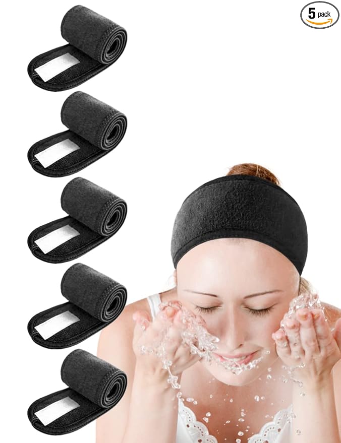 EUICAE Spa Headband 5-Pack Black Sweat Head Towel Wraps - Non-slip Stretchable, Washable for Makeup, Face Wash, Facial Treatment, Sports