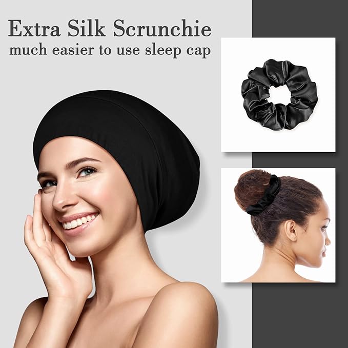LULUSILK Mulberry Silk Bonnet for Sleeping Women, Real Silk Sleep Cap for Curly Hair and Braids, Pure Silk Head Wrap with Scrunchies, Black