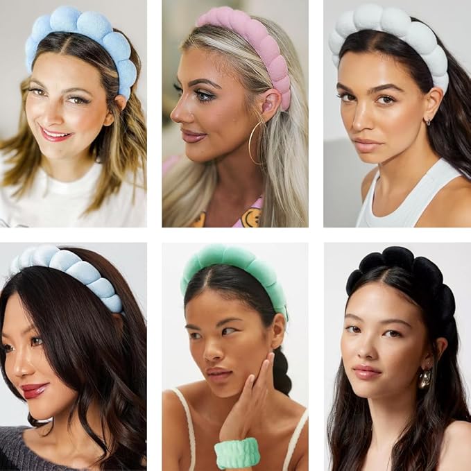 Spa Headbands for Washing Face Wristband Set Sponge Makeup Skincare Headband Wrist Towels Bubble Soft Terry Towel Cloth Hairband for Women Puffy Headwear Non Slip Thick Thin Hair Headwear (Black)