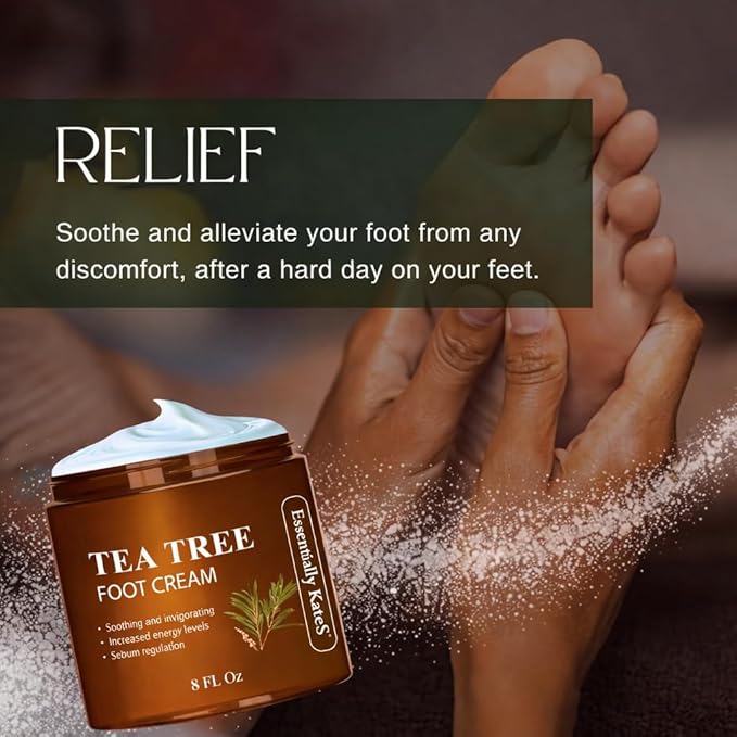 Essentially KateS Tea Tree Oil Foot Cream 8 Fl Oz - Toe Nails, Athletes Foot, Ringworms, Jock Itch, Foot Odor, and Soothes Itching Skin and Feet. (Color of Packaging Varies)