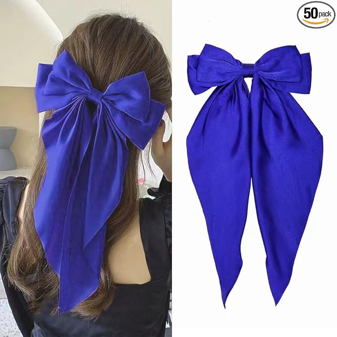 Silky Satin Oversized Long-tail Bow Clip, Large Blue Hair Bow for Women Girl, Hair Accessories with Long Tail, 1Pcs Blue