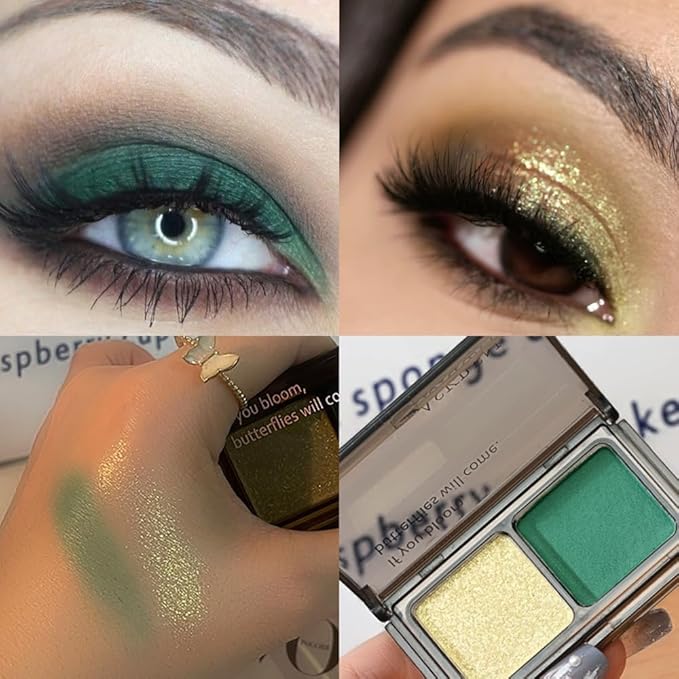 CAKAILA Golden Green Two Color Matte Shimmer Glitter Eyeshadow Palette,Eye Shadow Powder Professional Long-Lasting Waterproof Makeup Palette,Easy-To-Apply and Compact for Travel,Vegan & Cruelty-Free