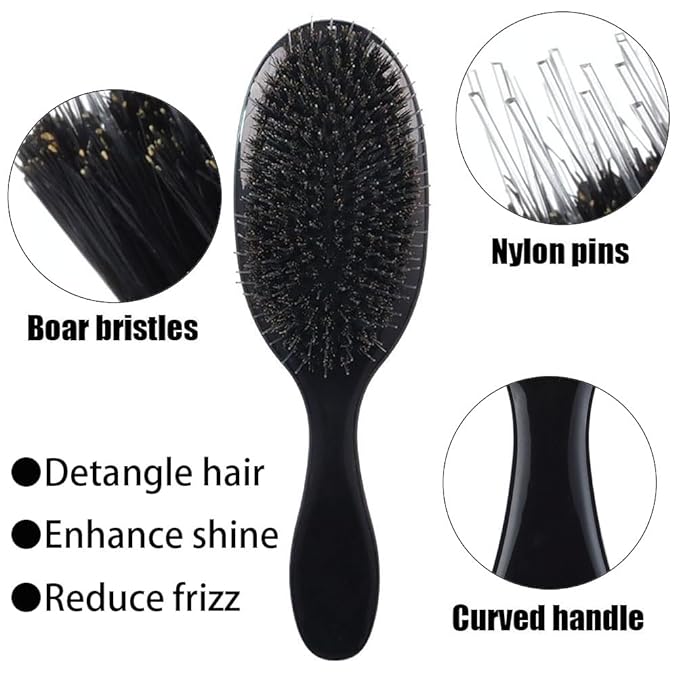 Boar Bristle Detangling Paddle Hair Brush for Curly Fine Wavy Hair, Anti-frizz Painless Detangler Brush Boar Nylon Mixed Bristle Styling Hairbrush for Women Men, Less Pulling and Hair Breakage