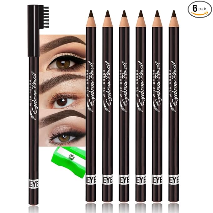 WanTuoluo Eyebrow Pencils for Women with Sharpener, 6Pcs Hard-Core Wooden Eye Brow Eye Liner Pencils for Beginner Makeup, Waterproof & Sweat-Proof (6Pcs-Dark Brown)