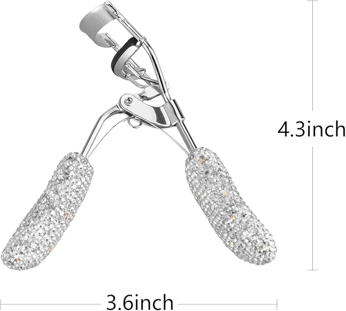 Bling Rhinestone Eyelash Curlers Stainless Steel Natural and Long Lasting Eyelash Fit for All Eye Shape Curved Lash Curler (White)