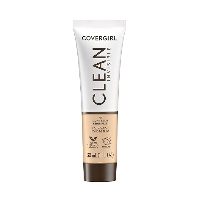 COVERGIRL Clean Invisible Foundation Makeup, Dewy & Glowy Natural Finish, Buildable Coverage, Skin-Like Smooth Look, Vegan, Light Beige, 1oz