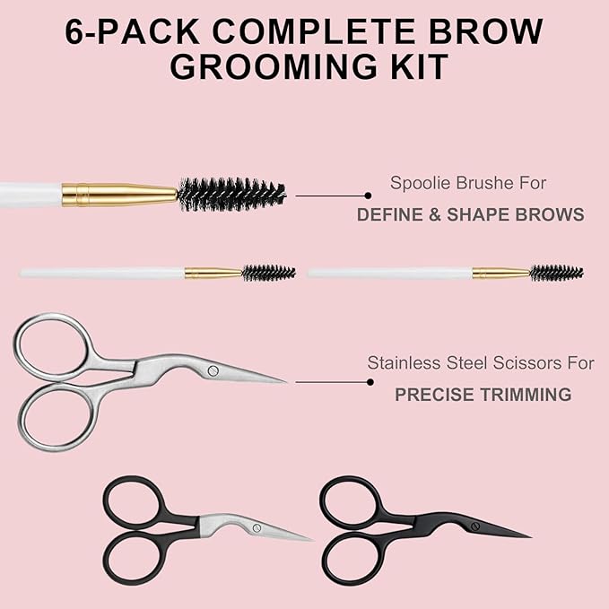 6 Pcs Eyebrow Scissors and Brush Set, Includes 3 Stainless Steel Scissors & 3 Eyebrow Brushes, Professional Brow Grooming Kit for Women Men