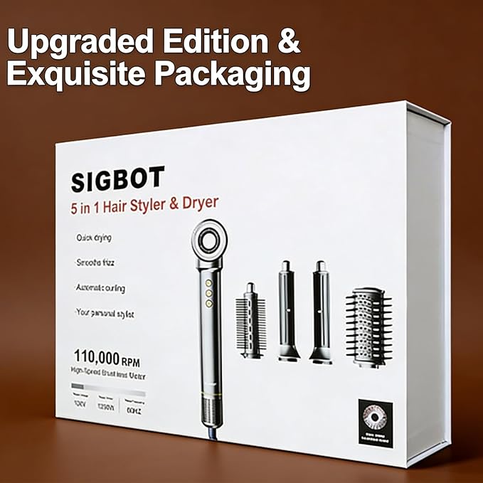 SIGBOT 5-in-1 Hair Dryer Styler | Professional Blow Volumizing Brush | 300M Negative Ions Frizz-Free | Powerful Motor | Complete Hair Styling Tool Kit with Curling, Straightening, Drying (ZCY892-B)
