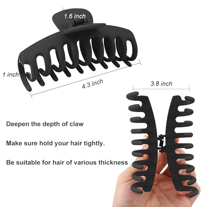 WHAVEL 6PCS Matte Plastic Large Black Hair Claw Clips For Thick Hair Jaw Clips Non-slip Ponytail Holder Hair Clip Clamps Teeth for Women and Girls