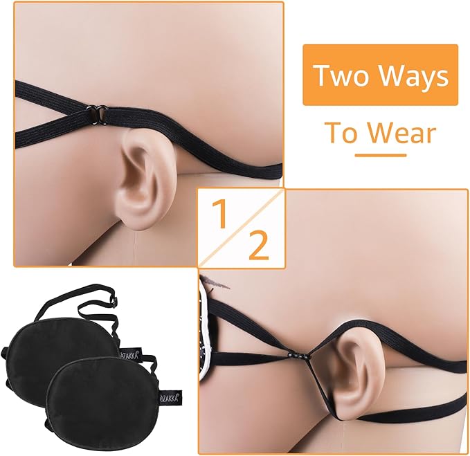 eZAKKA 2 Pieces Silk Eye Patch Medical Eye Patch for Adult Women Elastic Lazy Adjustable Single Eyepatch with Elastic Strap (L, Black+Black)