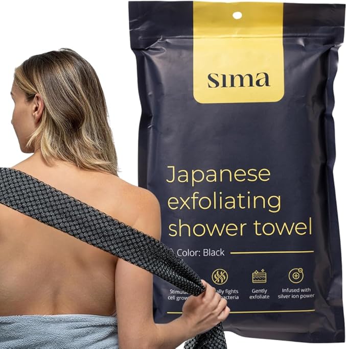 Sima Brand Exfoliating Washcloth Face & Body Scrub Towel - Japanese Exfoliating Towel with Hexagon Fibers, Body Scrubber with 2 Sides for Scrubbing & Washing, Extra Long Towels (Black, 2 Pack)