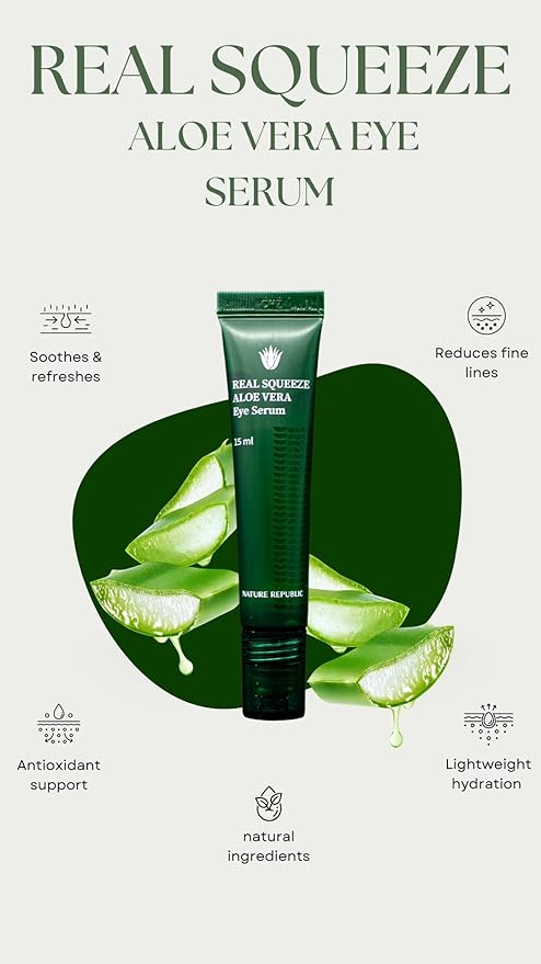 Nature Republic Real Squeeze Aloe Vera Eye Serum | Under Eye Roller for Dark Circles & Puffiness, Cooling After-Sun Care, Hydrating & Moisturizing, Korean Skincare for All Skin Types, 15ml / 0.5 fl oz