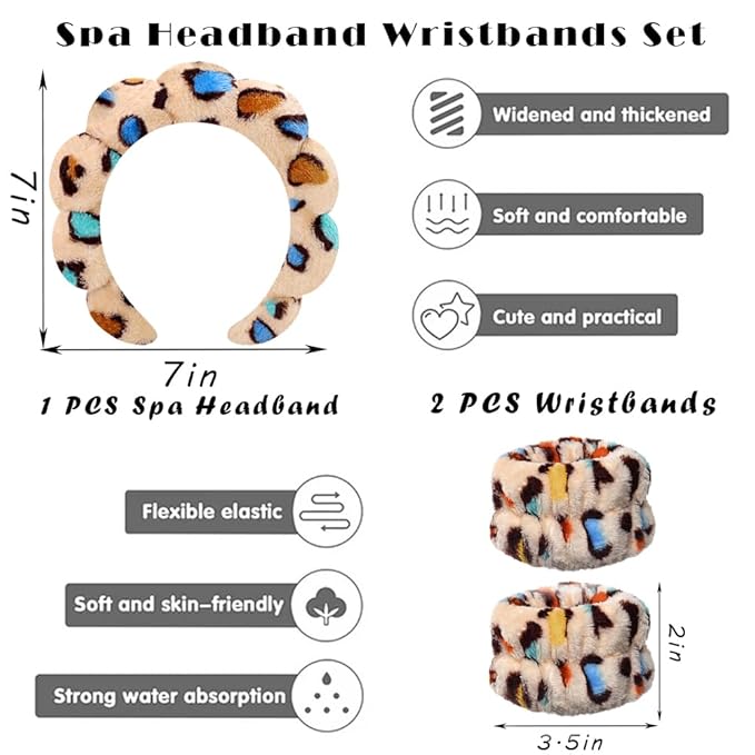 Tetizo Spa Headbands for Washing Face Wristband Set Sponge Makeup Skincare Headband Wrist Towels Bubble Soft Terry Towel Cloth Hairband for Women Puffy Headwear Non Slip Thick Thin Hair Headwear
