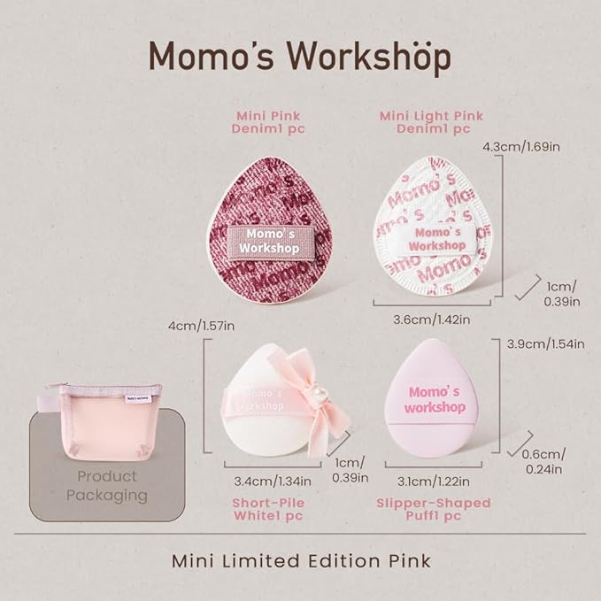 Momo's Workshop Mini Denim Makeup Sponge Set,Mini Makeup Blenders Sponge for Concealer/Blush/Highlighter, Perfect for Detail Work & Travel,4pcs Pink Mini Concealer Puffs with Travel Pouch