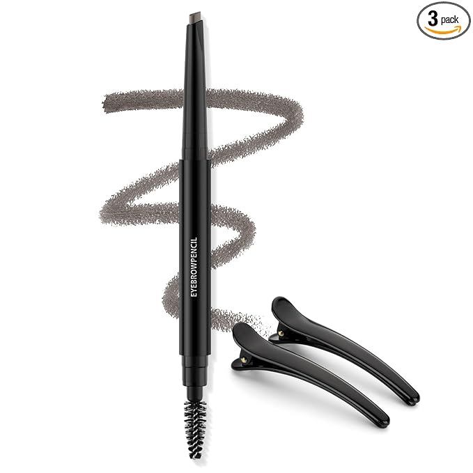 Eyebrow Pencil - Makeup Waterproof Brow Pencil with Triangular Tip, Dual-Sided Brow Brush, Precise, Fine Tip, Fills Brows Creates Natural Looking Brow, with Hair Clips - Gray