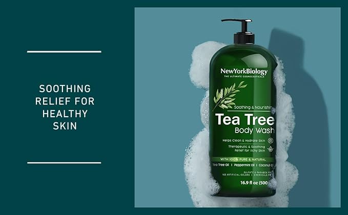 New York Biology Tea Tree Body Wash with Tea Tree Mint Body Wash for Men and Women - Helps Jock Itch & Itchy Skin, Nail Fungus, Athletes Foot, Eczema & Body Odor, Ringworms – 16 Fl Oz