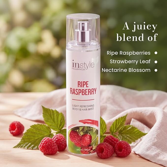Instyle Fragrances | Body & Hair Mist | Ripe Raspberry Scent | With Panthenol | CLEAN, Vegan, Paraben Free, Phthalate Free | Premium 8 Fl Oz Spray Bottle