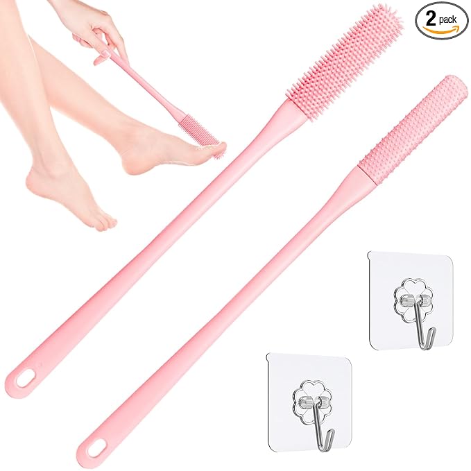 Toe Cleaning Brush,Foot Scrubber for Shower with 15.7" Long Handle Soft Silicone Cleaning Shower Brush Foot Care for Seniors,Elderly, Men and Women (Pink)