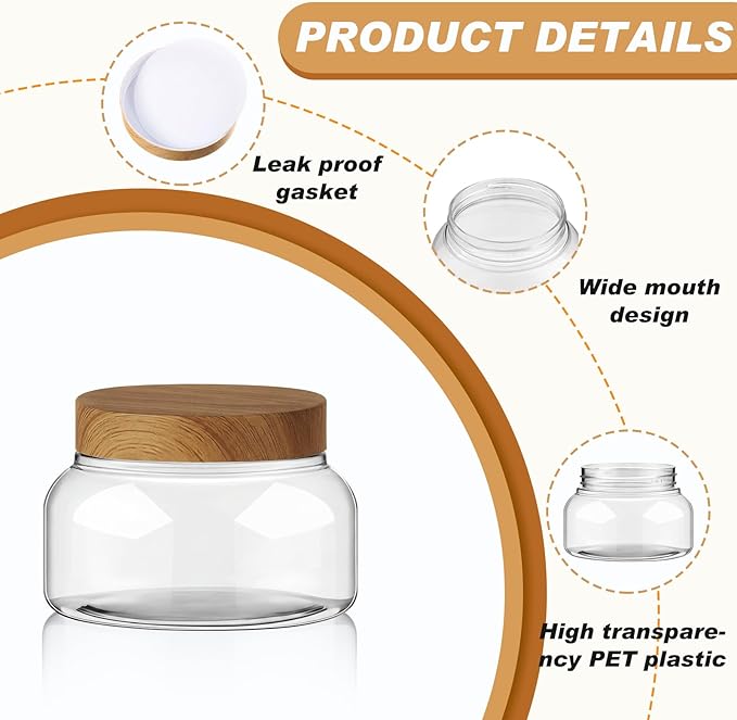 Tessco for you 24 Pack Plastic Jars with Lids Labels Multiuse Slime Containers Empty Body Scrub Jars Round Refillable Cosmetic Body Butter Container for Makeup (8 oz,Clear,Dark Beech)