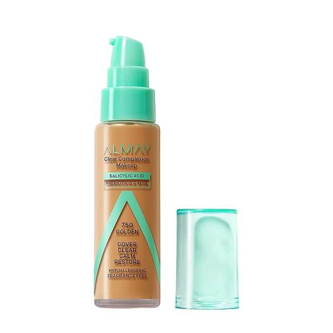 Almay Clear Complexion Acne Foundation Makeup with Salicylic Acid, Medium Coverage, Soft Matte Finish, Hypoallergenic, Cruelty- & Fragrance-Free, Dermatologist Tested, 750 Golden, 1 fl oz