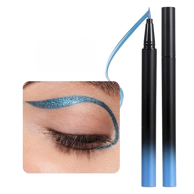 SAUBZEAN Metallic Liquid Eyeliner, Waterproof & Smudge-Proof Shimmer Eye Liner with Precision Brush, Long-Lasting Bold Color, Quick-Dry & Easy Removal, for Winged Makeup, Ocean Blue