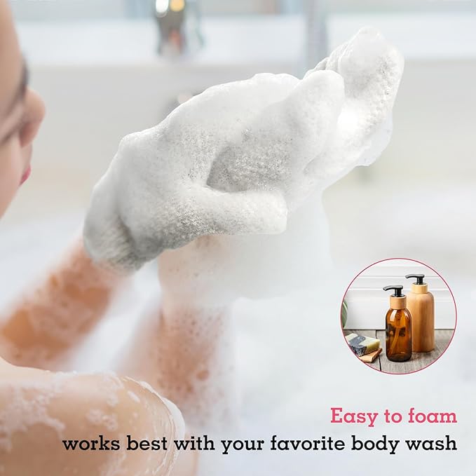 Evridwear Exfoliating Gloves for Shower, 100% Nylon Thick Soft Medium Heavy Bathing Gloves Dead Skin Remover Body Scrubber Smooth Skin with Hang Loop (White Gentle Exfoliation- 3 Pairs)