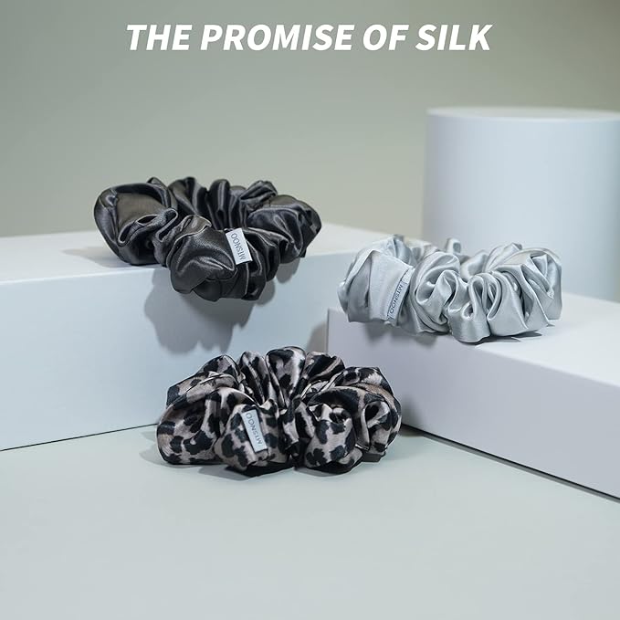 MTSNOO Mulberry Silk Scrunchies Set for Sleep - 100% Pure 22 Momme Silk, Elastic Band, 3 Pack Curly Hair Ropes for Women and Girls