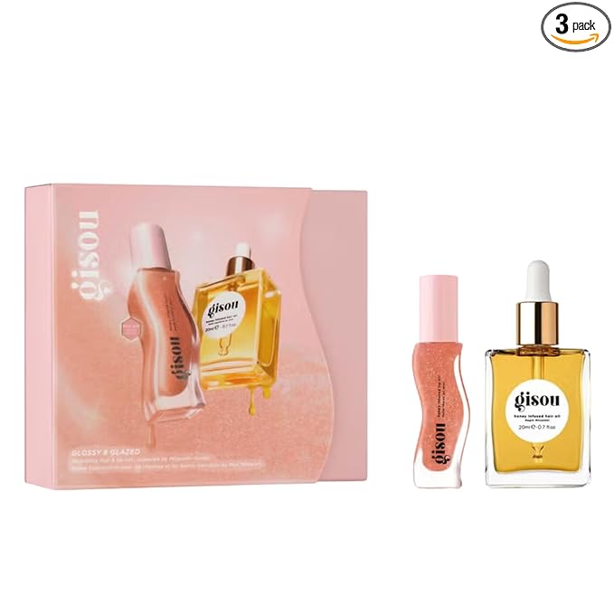 Gisou Glossy & Glazed Set – Honey Infused Hair Oil (20ml / 0.7 fl.oz) & Honey Infused Lip Oil Glazed Plum (Full Size)