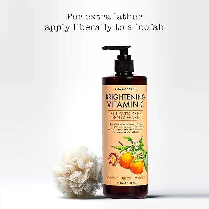 PHARM TO TABLE Brightening Vitamin C Body Wash for Women and Men - Brightens and Nourishes the Skin, Sulfate Free, 100% Cruelty Free, 480ml