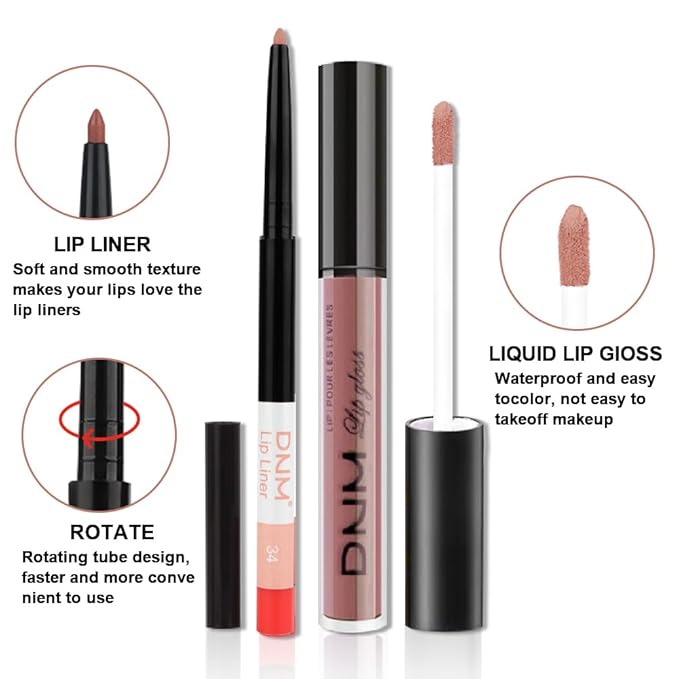 evpct 2Pcs Brick Red Neutral Nude Color Lip Liner and Matte Lipstick Makeup Sets Vegan Lipstick Lip Liner and Gloss Set Lip Stain Long Lasting Waterproof 24 hrs, 34#