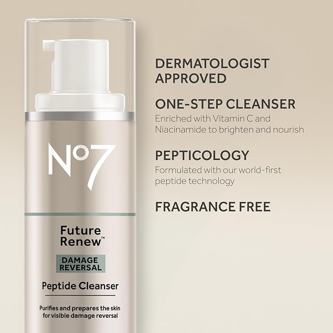 No7 Future Renew Damage Reversal Peptide Gentle Face Cleanser - Anti-Aging Face Wash to Help Visibly Remove Impurities for Smoother, Nourished Skin - Fragrance-Free Formula (5 Fl Oz)