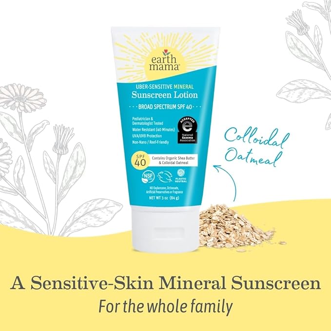 Earth Mama Uber Sensitive Mineral Sunscreen Lotion SPF 40-3 oz - Non-Nano Zinc - Broad Spectrum Sunscreen for Sensitive Skin - Water Resistant Sun Protection for Babies, Kids & Adults