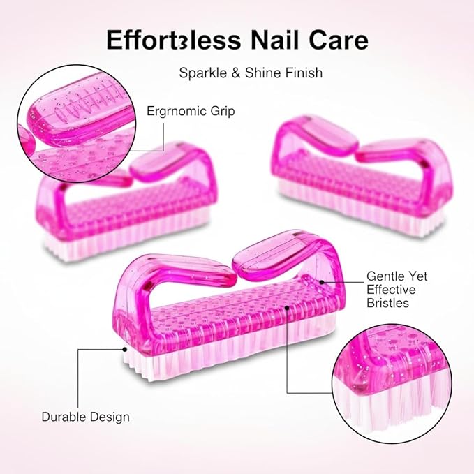 3Pcs Different Kinds of Fingernail brush with Plastic Handle Nail brush for cleaning Fingernails - Easy to use Nail Scrub brush - Nail Cleaner Nail brushes for Hands Feet(pink)