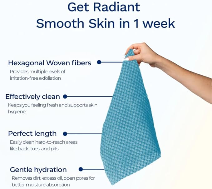 Exfoliating Washcloth Face & Body Scrub Towel - Japanese Exfoliating Towel with Hexagon Fibers, Body Scrubber with 2 Sides for Scrubbing & Washing, Extra Long Towels (Yellow, 2 Pack)